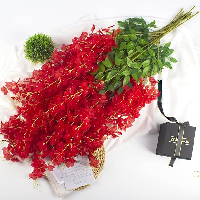 12 Pack Artificial Flowers Silk Wisteria Vine Ratta Hanging Flower (Red)