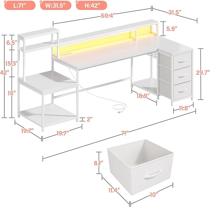 EnHomee 71" L Shaped Gaming Desk with LED Lights, White Computer Desk with Drawers and Printer Shelf, Power Outlet, Reversible Home Office Desks with Storage and Monitor Stand