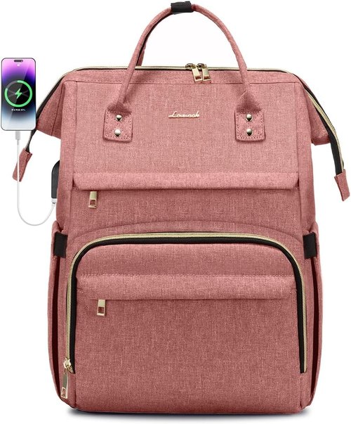 LOVEVOOK Laptop Backpack - 18-Inch Waterproof Travel Bag with USB Port for Women | Light Pink