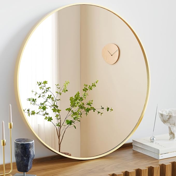 Sweetcrispy Round Bathroom Mirror for Over Sink, 24 Inch Wall Mounted Vanity Mirror with Matte Metal Frame, Decor for Bathroom, Entryway, Bedroom, Gold