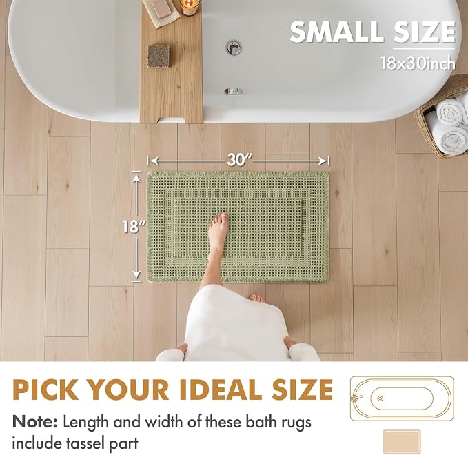 MIULEE Set of 2 Waffle Bathroom Rugs, Boho Bath Rug Super Absorbent, Non Slip Washable Ultra Soft Rubber Backed Shower Bath Mats for Floor, Tub, Shower, Looped Design, Sage Green, 18x30 Inch