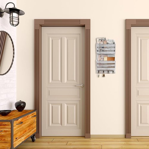 Rustic Wooden Mail Organizer by [Brand Name] - 4 Key Hooks & 2-Slot Wall File Holder for Home Decor