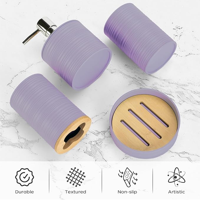 4 PCS Lavender Bathroom Accessories Set, Includes a Soap Dispenser, Toothbrush Holder, Soap Dish and Mouthwash Cup, Plastics & Bamboo Bathroom Set, Bohemian Style Bathroom Sink Set