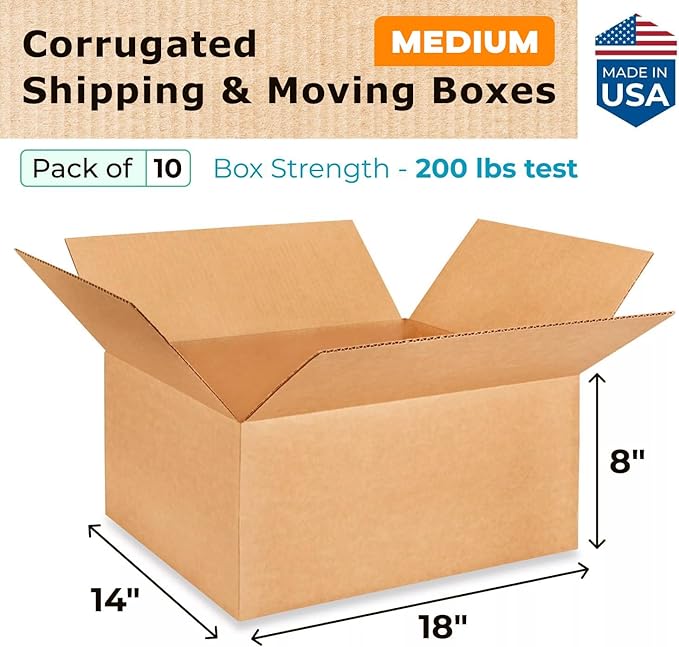 Medium Shipping & Moving Boxes 18x14x8 inches (10-Pack) - Extra Strength 200 lb vs Regular - Corrugated Boxes for Packaging, Made in USA - Packing and Moving Box - Square Box by IDL Packaging