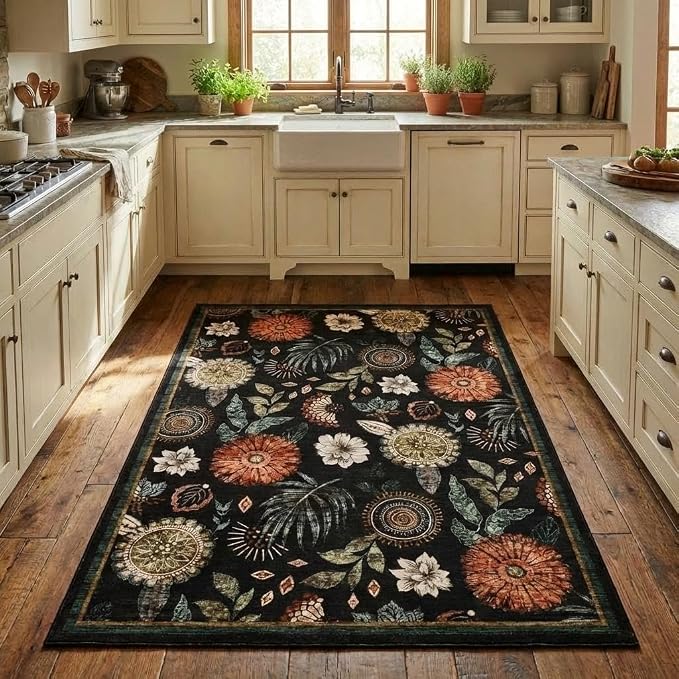 4x6 Washable Small Area Rug for Living Room Boho Floral Soft Black Bedroom Rug Non Slip Office Rugs Low Pile Kitchen Small Carpet Stain Resistant Throw Rug for Bedside Kids Room Dining Room, Black