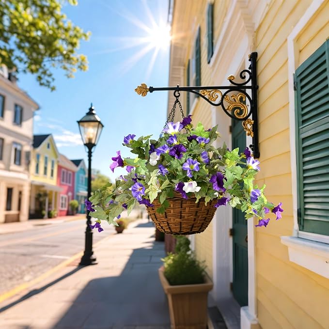 Artificial Morning Glory Fake Flowers for Outdoor Planter Decoration, 2 Pcs Petunias Realistic UV Resistant Faux Silk Flowers for Garden Balcony Porch Indoor Decor (Purple White)
