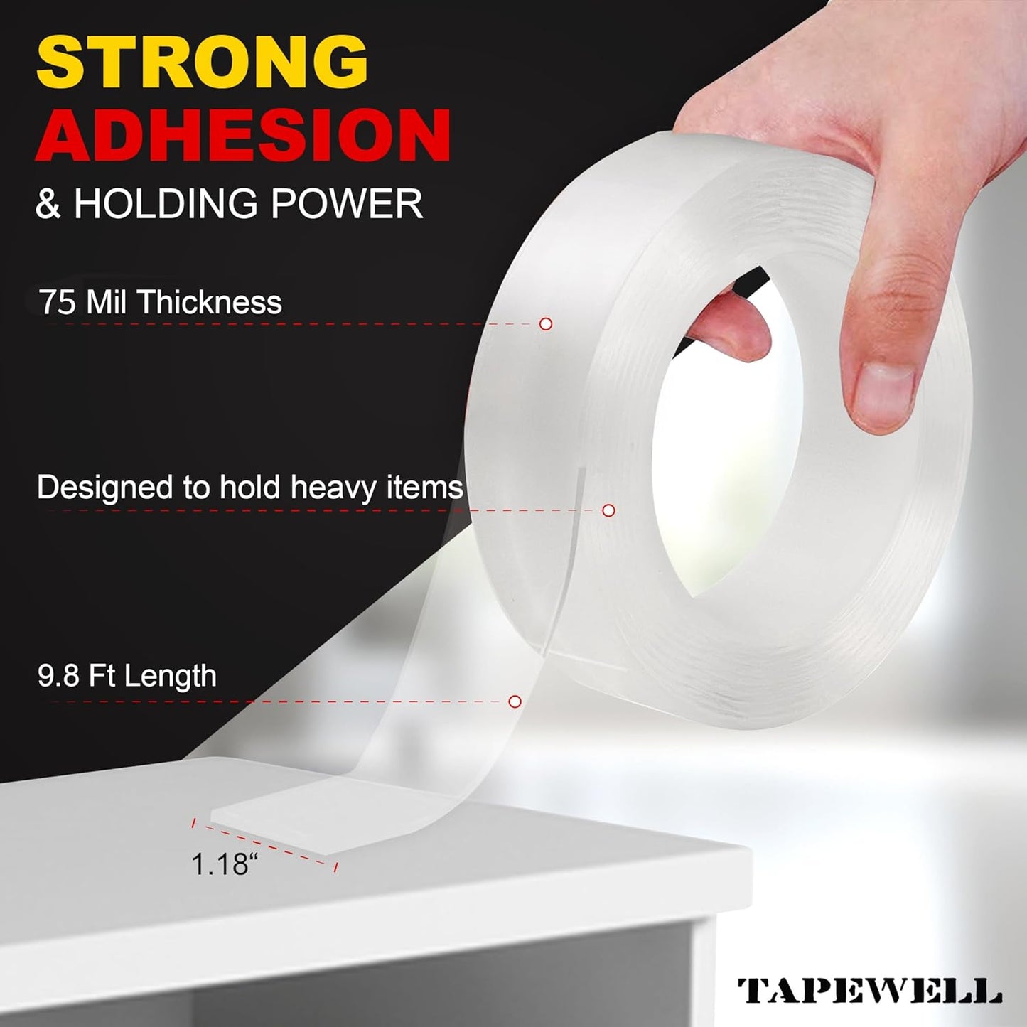 TAPEWELL Double Sided Heavy Duty Tape - Strong Adhesive Strips for Pictures & Carpets | 1.18” x 9.8 Ft