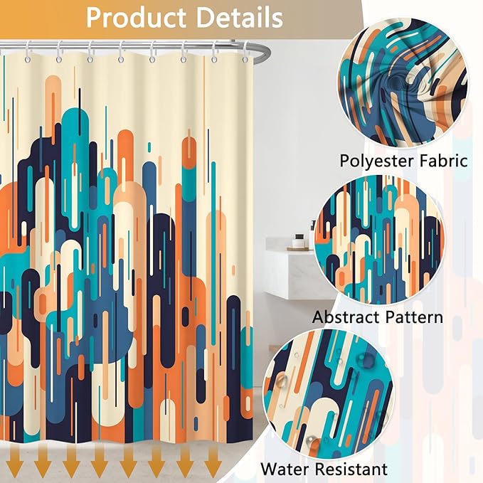 Mid Century Modern Shower Curtain, Retro Abstract Geometric Colorful Art Shower Curtains for Bathroom with Hooks, Waterproof Polyester Fabric Shower Curtain Set, Weighted Hem, 72x72 Inches