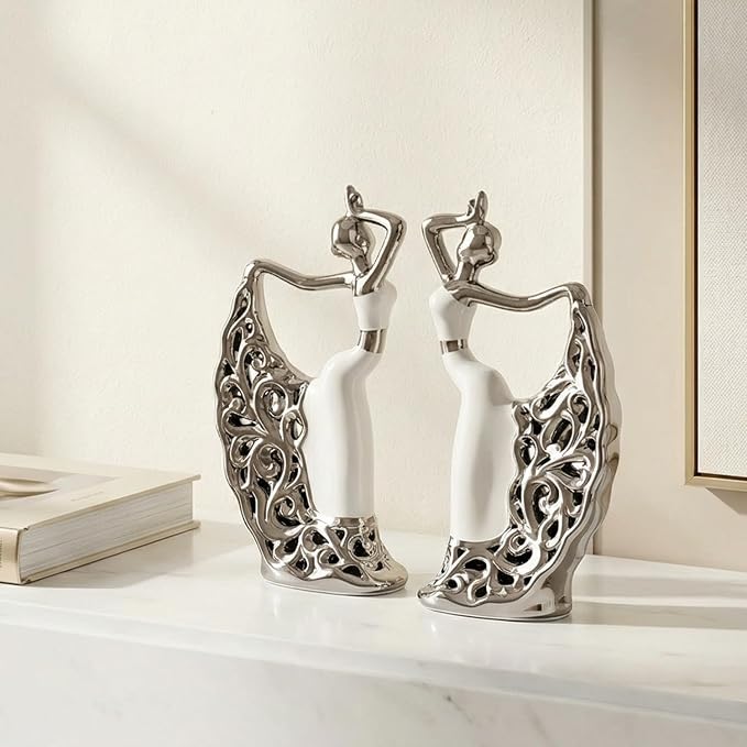 2 Pcs Ceramic Statues Home Decor, Dancer Women Sculpture Figurine, Modern Aesthetic Abstract Art Decorative Accent for Living Room Bedroom Bookshelf Dining Table Centerpiece Office (White and Silver)