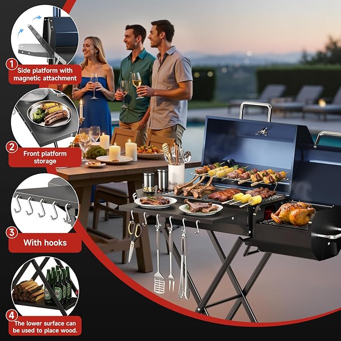 kscocinaBBQ Portable Charcoal Grill with Smoking Function, Foldable Suitcase Design with Wheels, Multi-Tier Storage Rack & Waterproof Cover for Outdoor BBQ Parties (Blue)
