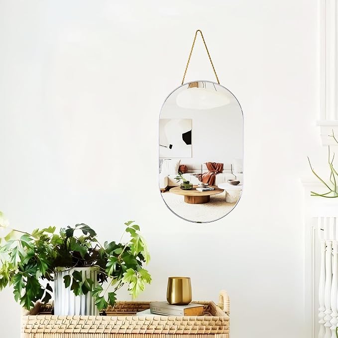 Oval Mirror with Lanyard, High Definition Bathroom Mirror for Bathroom, Hallway, Living Room (Sliver, 11.61x18.9inch)