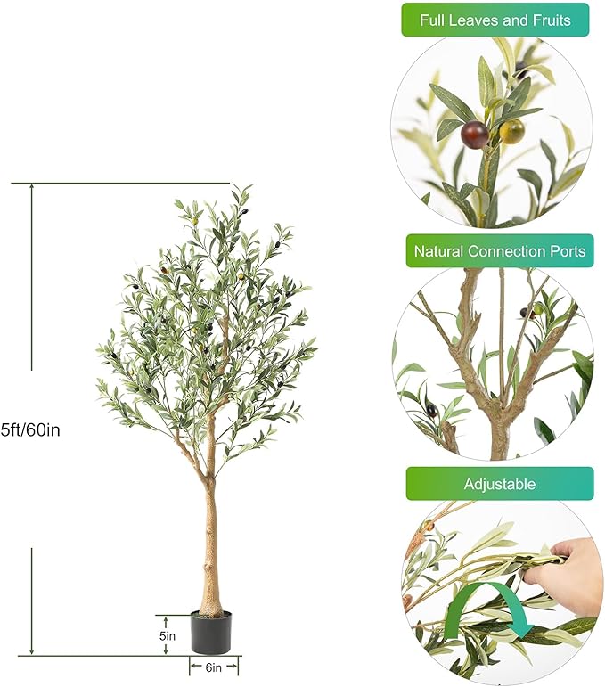 Tall Faux Olive Tree，5Ft(60in) Realistic Texture Potted Silk Artificial Olive Tree， Fake Olive Trees Indoor Outdoor for Home Office Living Room Bedroom Foyer Porch Decor.