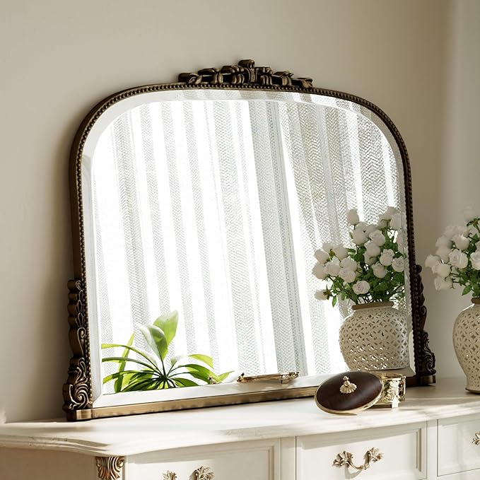 27"×36" Bronze Wide Arched Wall Mirror, Vintage Carving Bathroom Vanity Makeup Mirror, as Wall Decor Hanging Leaning for Fireplace Mantle, Living Room, Bedroom, Vanity Area