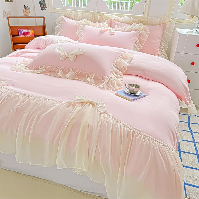 Girls Lace Bedding,Queen Comforter Cover Set, Chic Ruffled Duvet Cover with Lovely Bow,Princess Style 1 Duvet Cover with 2 Pillowcases, No Comforter-Pink,Queen Size