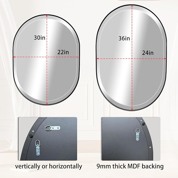 POZINO Oval Beveled Mirror, 22"x30" Bathroom Vanity Mirror Over Sink, Pill Shaped Capsule Wall Mounted Mirrors, Modern Oblong Mirrors for Living Room Bedroom Entryway, Hangs Vertically or Horizontally