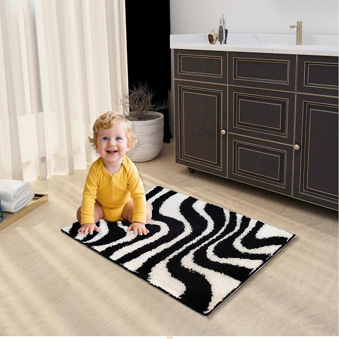 Civkor Black and White Bathroom Rug, Tufted Bath Mat for Bathroom, Small Bathroom Mat with Non Slip TPR Backing, Machine Washable Quick Dry 16x24Inch Bath Mats for Floor, Shower, Sink