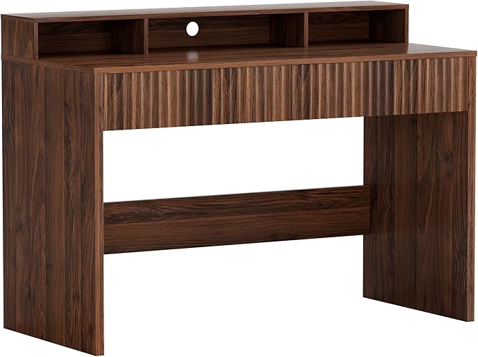 47" Executive Desk with Fluted Drawer, Modern Home Office Desk with Long Monitor Stand and 2 Drawers, Computer Writing Desk for Study Office Vanity, Brown