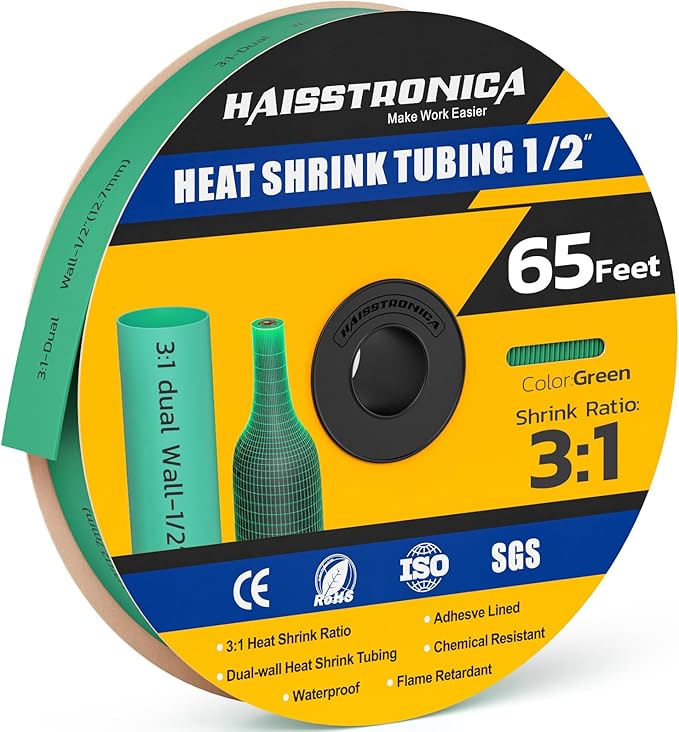 haisstronica 3:1 Heat Shrink Tubing, Shrink Ratio Adhesive Lined Marine Grade Heat Shrink Tube for Home, Automotive and Industrial (Green) 65FT 1/2inch