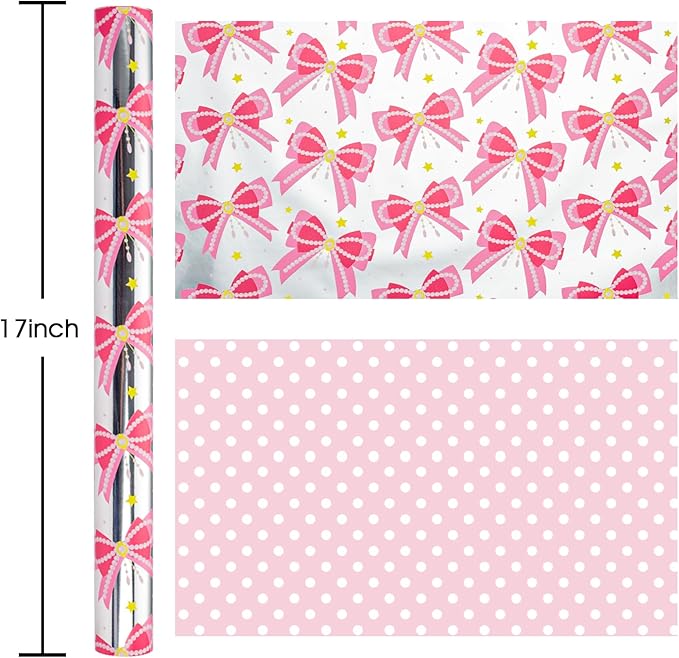 Homeral Pink Bow Wrapping Paper Roll - Mini Roll - 17 Inch x 33 Feet - Pink Ribbon Pearl Bow Perfect for wrapping paper for girls Valentine's Day, Girls Birthday, Bachelorette Party, Baby Shower.