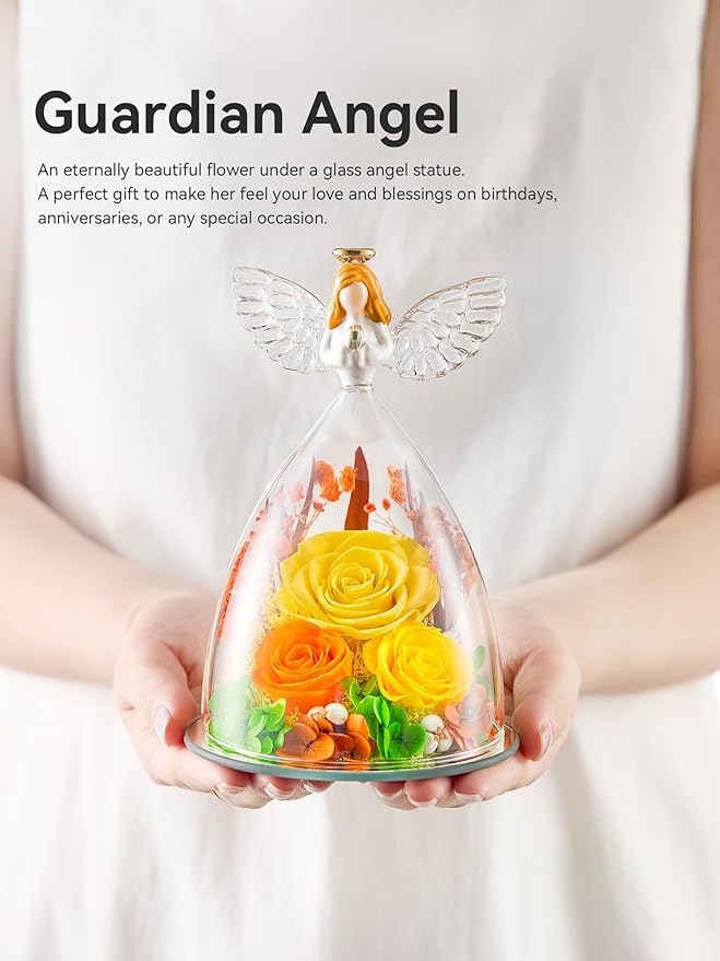 Gifts for Women Forever Flowers Preserved Rose in Glass Angel Figurine Real Colorful Roses Birthday Gifts for Her Grandma Sister Daughter Wife, Yellow