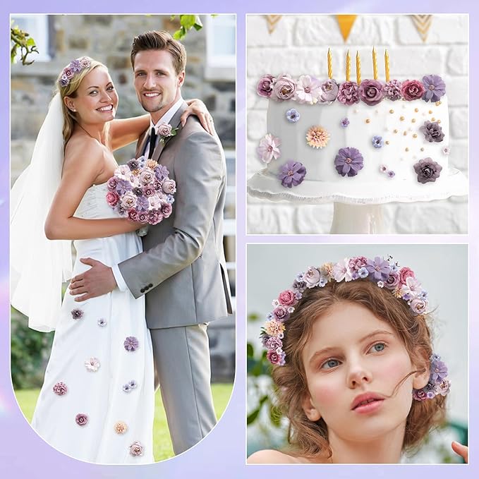 Faux Flower Heads Mini Purple Artificial Flower Heads Fake Peony Daisy Rose Flowers Multicolor Small Silk Daisy Flower Heads for Craft Garland Wedding Party DIY Home Decoration,2-4 cm