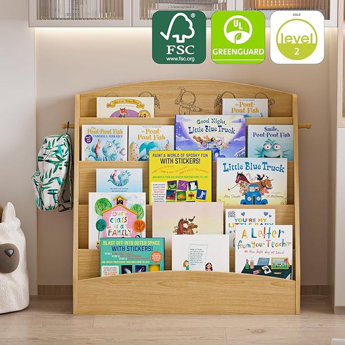 5-Tier Kids Bookshelf Montessori Toddler Book Rack Baby Bookcase Floor Front Facing Magazine Display Shelf for Bedroom Playroom Nursery Classroom Kindergarten Wood (Natural)
