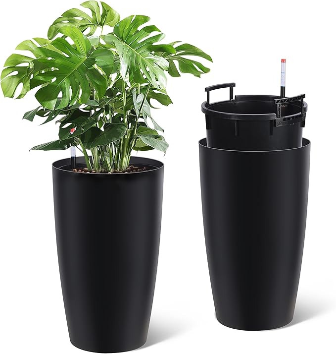 GarveeLife Set of 2 Tall Planters for Outdoor Plants, 22 in Large Planters for Outdoor Indoor Plants with Water Level Monitor ＆ Inner Bucket, Automatic Watering, for Porch, Patio, Backyard, Black