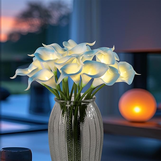 20pcs Lighted Artificial Calla Lily Bouquet Lamp Faux Floarl Night Light Real Touch Flower Night Lamp LED Calla Lily Lighted Artificial Flower for Holiday Home Kitchen Decor(Light Blue)