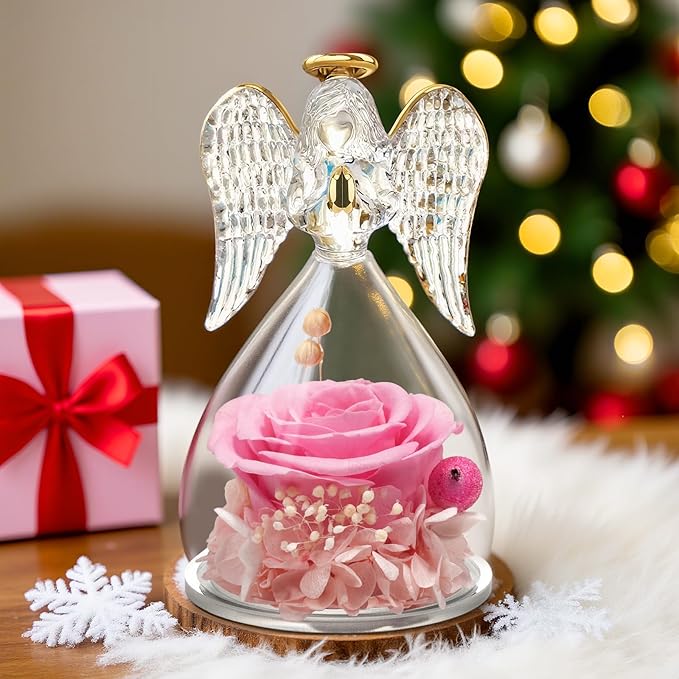 Yamonic Mom Birthday Gifts for Mom, Angel Figurines with Real Rose Gifts for Her Mom Grandma,Preserved Flowers Rose Angel Figurines for Mothers Day Christmas Anniversary Birthday Gifts for Her (Pink)