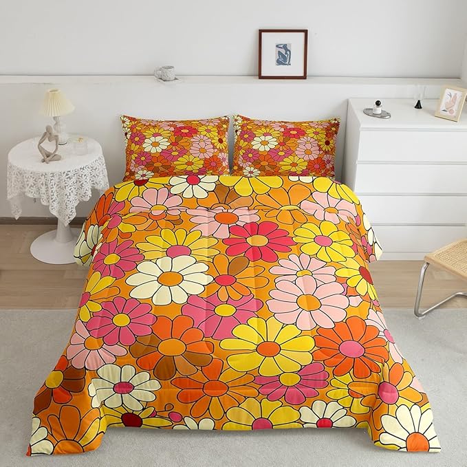 Castle Fairy Bohemian Flowers Queen Size Comforter Set,70s Floral Bedding Set with 2 Pillowcases,Hippie Retro Groovy Botanical Breathable Durable Polyester Bedding Set