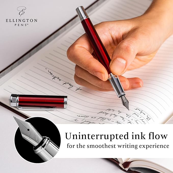 Ellington Pens Luxury Fountain Pen Set - Smooth Fine Nib- Includes 3 Ink Cartridges, Refillable Ink Converter, Gift Box- Fountain Pens For Writing, Calligraphy, Journaling, Sketching (Scarlet Slate)