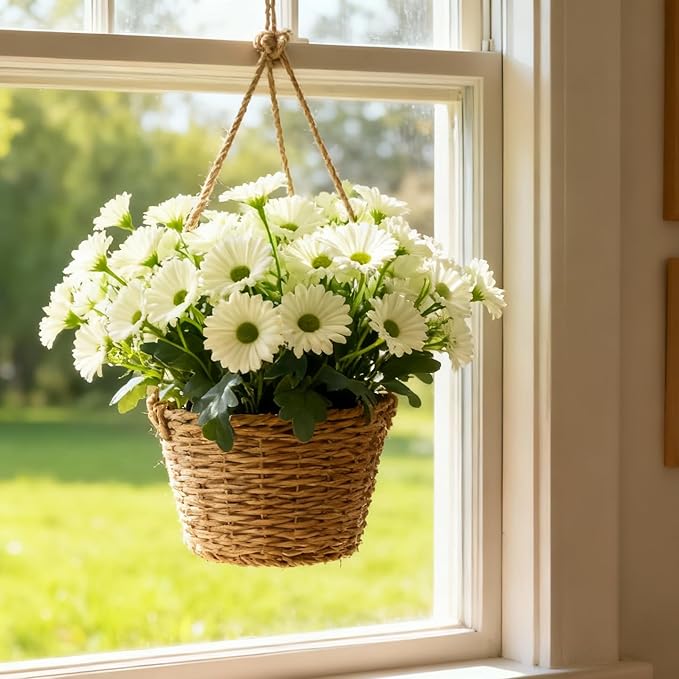 Artificial Daisy Flowers, 8 Bundles UV Resistant Fake Mums for Outdoors, White Silk Fall Flowers for Planters, Porch, Front Door, Garden, Yard, and Indoor Home Decor