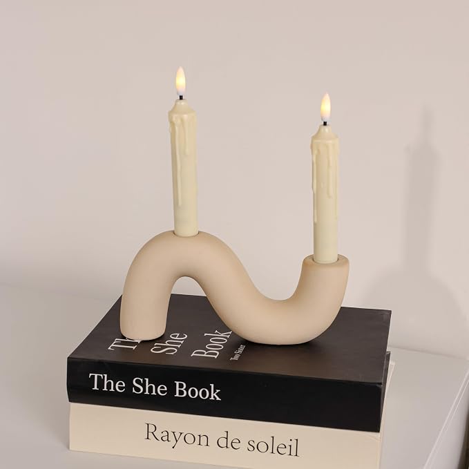 2-Pack White Ceramic Candle Holder Set, Modern Taper Candlestick for Table Living Room Wedding – Includes 4 LED Candles