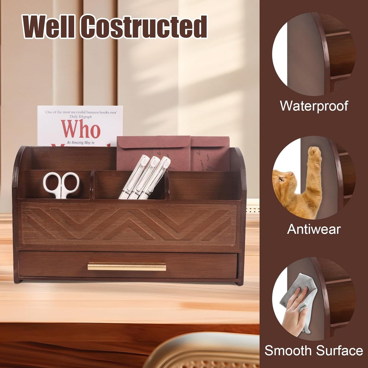 Skiennix Mail Organizer - Stylish Brown Wood Countertop Holder for Home & Office Storage