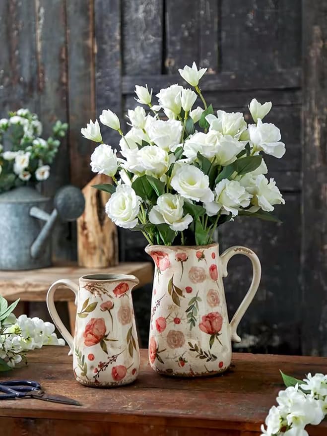 Retro Rustic Large Ceramic Vase with Handle, Distressed Farmhouse Pitcher for Home, Ideal Shelf Decor Floral Vase for Living Room Bedroom Office Table Centerpiece Decorations 9 Inch