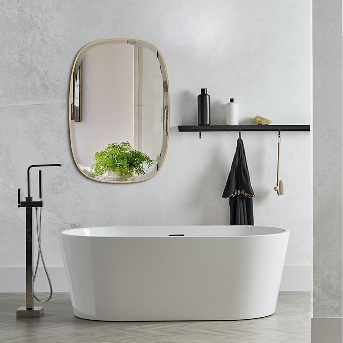 POZINO Brushed Gold Mirror, 20"x30" Brass Beveled Mirrors for Bathroom, Rounded Rectangle Mirror, Modern Vanity Wall Mirrors in Premium Stainless Steel Frame Hangs Horizontal Or Vertical