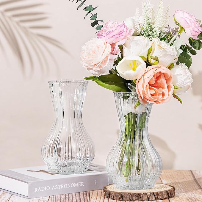 Vases for Flowers,Set of 2 Glass Vase,Clear Vase,8 inches Tall Ribbed Vases for Modern Boho Home Decor,Living Room,Wedding,Table Centerpieces