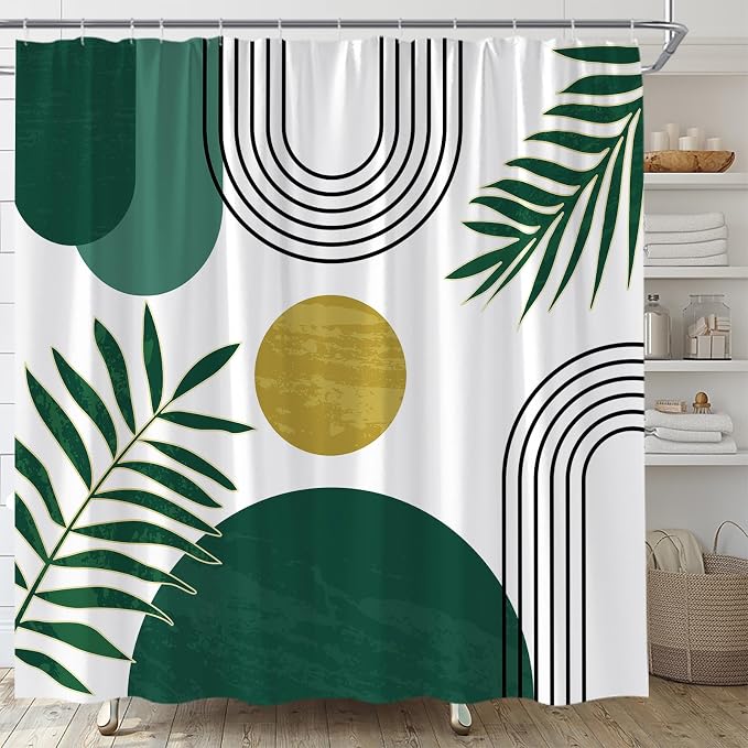 Mid Century Modern Shower Curtain Boho Green Abstract Retro Aesthetic Fabric for Bathroom Decor Bathtub with Hooks (59" WX70 H)