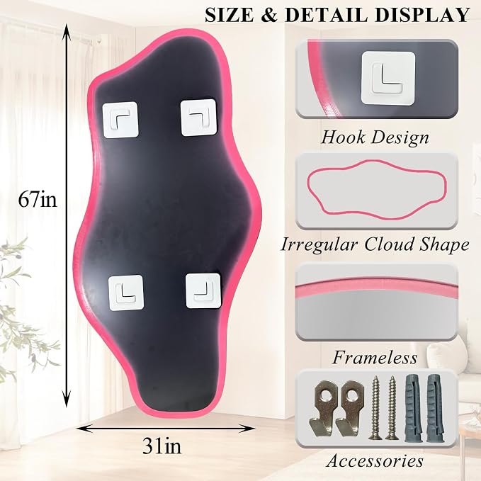 Irregular Mirror Full Length, 67"x31" Pink Asymmetrical Tempered Glass Wall Mirror, Large Organic Frameless Mirrors for Entryway Hallway Bedroom Living Room, Horizontal or Vertical Hanging
