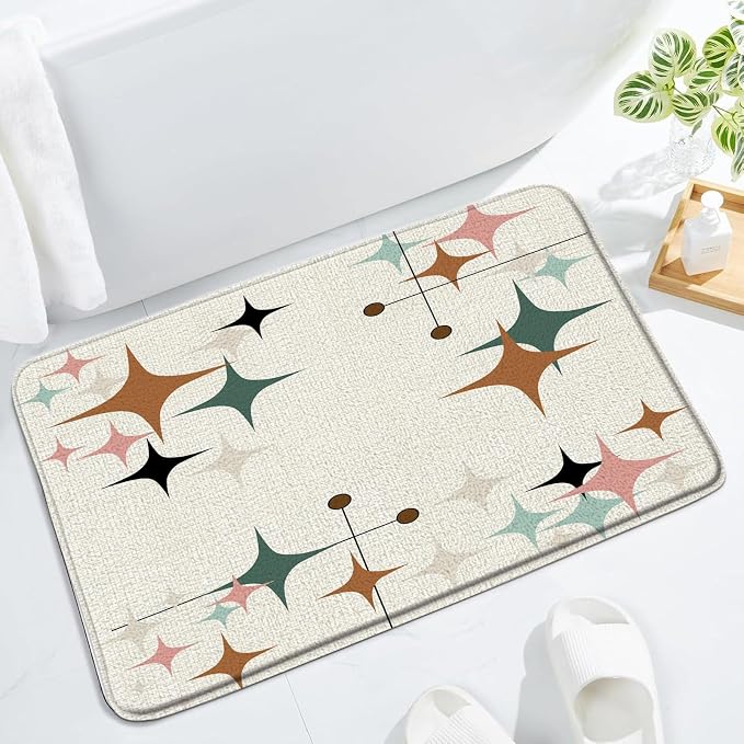 Mid Century Bath Mat Retro Atomic Stars 1950s 1960s Vintage Geometric Pattern Abstract Iconic Modern Brown 23.6x35.4 Inches Indoor Outdoor Floor Rugs
