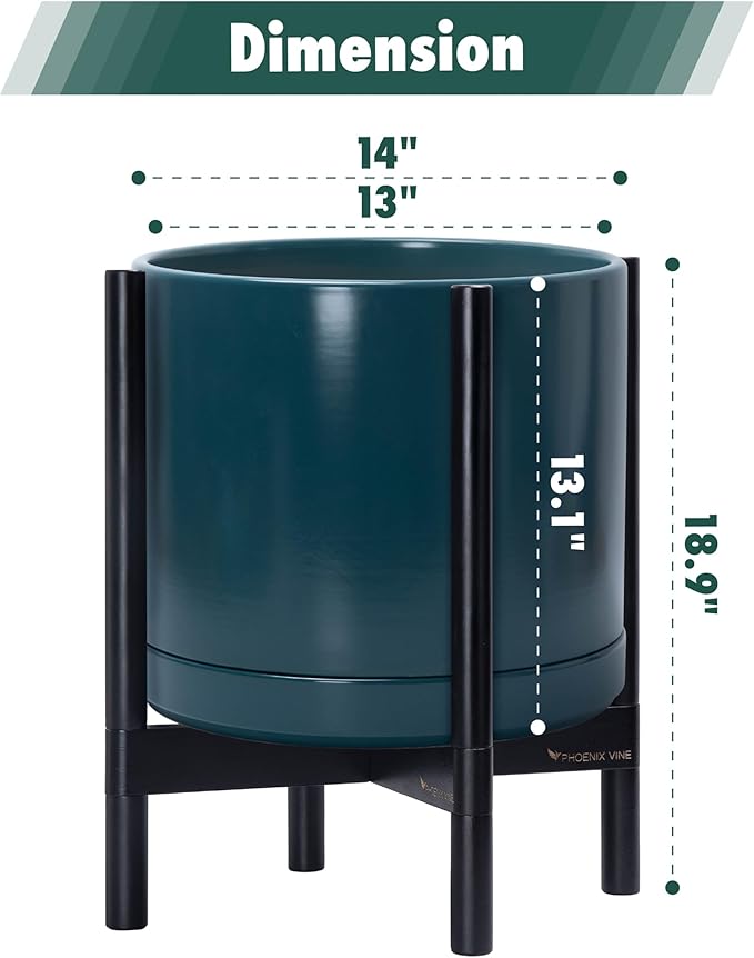 D'vine Dev Ceramic Planter with Ebony Stand - 14 Inch Modern Round Flower Pot with Wood Planter Holder, Teal, 55-B-S-4
