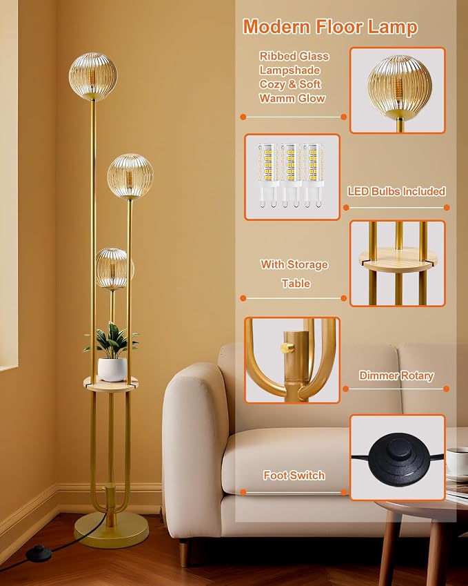 Globe Glass Floor Lamp with Table, Gold Tall Standing Lamps Dimmable, 3000K Warmwhite Mid Century Modern Floor Lamp with 5Lbs Heavy Base for Living Room/Bedroom