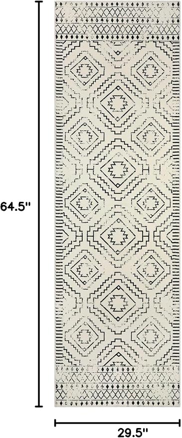 Wonnitar Moroccan Runner Rug, Washable 2'6"x8' Kitchen Runner Rug, Geometric White Hallway Bathroom Rug Runner, Non-Slip Long Boho Tribal Accent Floor Carpet for Bedroom Laundry (Beige,2'6"x8')