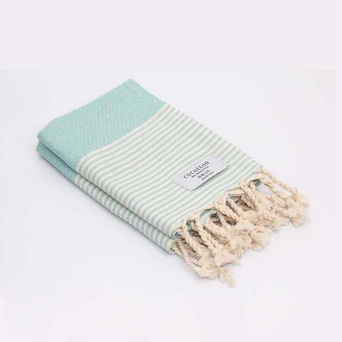 Boho Striped Turkish Hand Towels Set of 2 | 100% Cotton, 16 x 40 Inches | Decorative Bathroom Hair Face Gym Yoga Dishcloth Tea Kitchen Light Weight Quick Dry Farmhouse Towel (Mint)