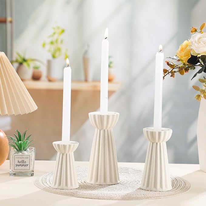 Honeydak Set of 3 Ceramic Taper Candle Holder Cream White Candlestick Holder Fluted Candle Stick Stand Boho Nordic Modern Decorative Table Centerpiece Wedding Home Dinner Party Housewarming Gift