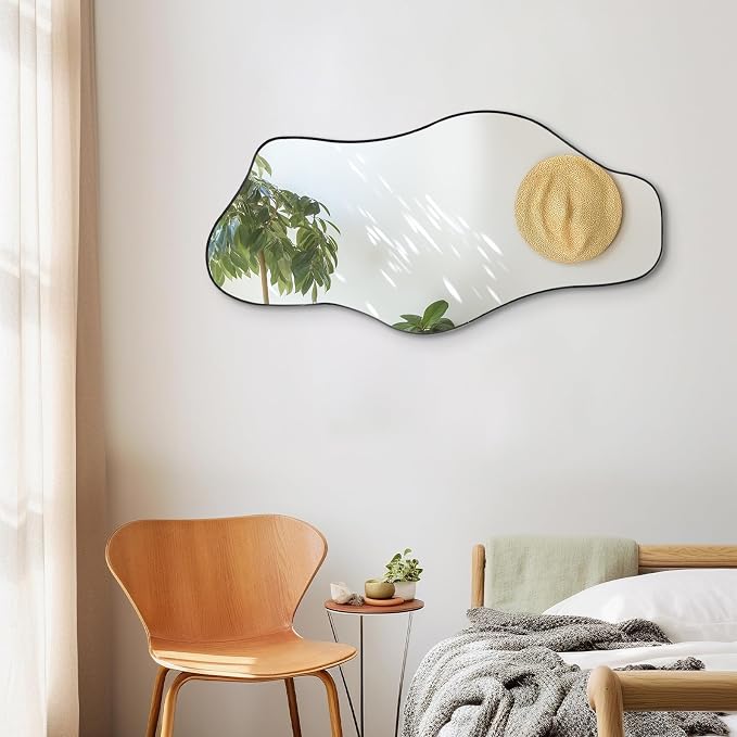 Irregular Frameless Mirror, 35.8"x17.7" Asymmetrical Tempered Glass Mirror, Modern Organic Shaped Wall Mirrors for Entryway Bedroom Living Room Bathroom, Horizontal or Vertical Hanging