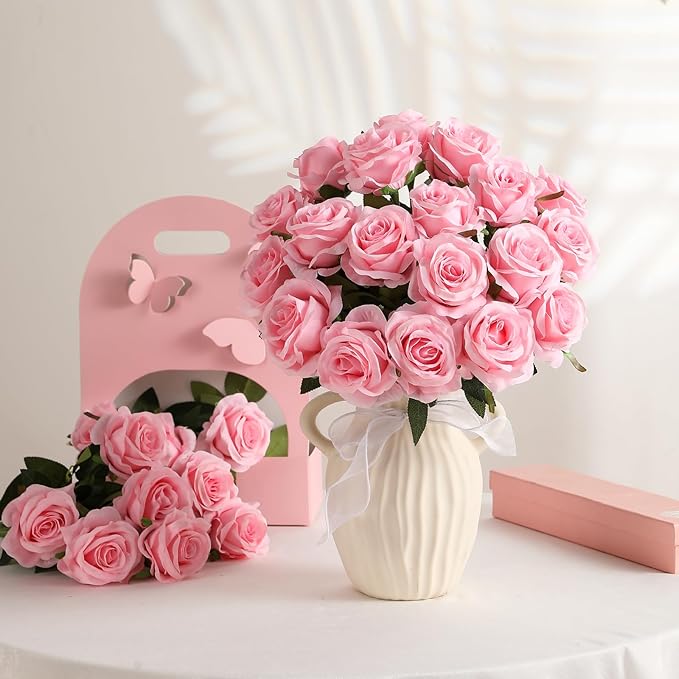Kisflower 60 Pcs Pink Roses Artificial Flowers Bulk, Silk Roses with Stems Realistic Roses Artificial for Decoration DIY Wedding Bouquet Bridal Shower Party Home Table Centerpieces Decor (Pink)