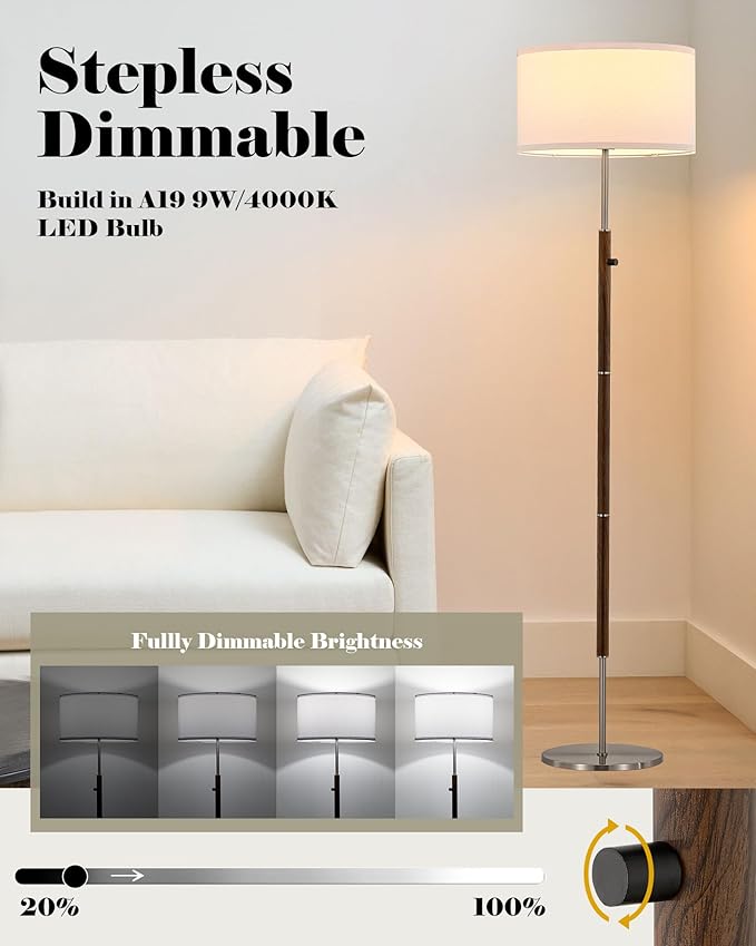 ELYONA Dimmable Floor Lamp Walnut Wood Grain & Brushed Nickel Standing Lamp Mid Century Modern Coner Pole Lamp with White Fabric Shade & Rotary Switch for Living Room Bedroom Office,LED Bulb Included