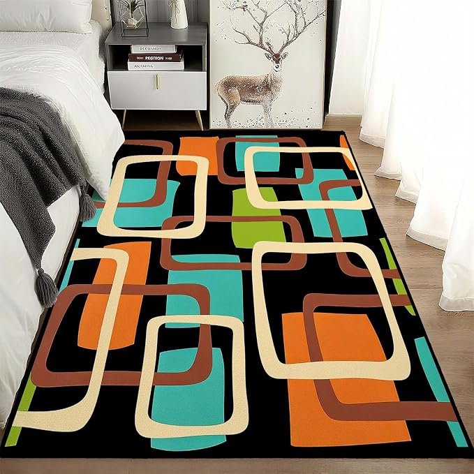 Mid Century Modern Rug, Colorful Abstract Geometric Area Rug, Retro Atomic Starburst Rugs, Washable Non-Slip Soft Low Pile 1950s Carpet for Living Room, Bedroom (8' x 10'(Rectangular))