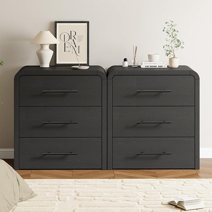 Curved 3-Drawer Nightstand Dresser, 23.6'' Wide Modern Wood Bedside Tables with Long Metal Handles, Large Storage End Tables for Bedroom, Office, Black